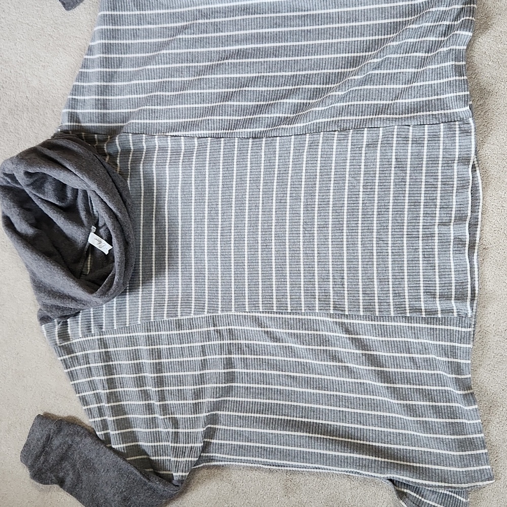 Gray Mismatched Striped Cowl Neck Poncho Style Sweater - Medium
